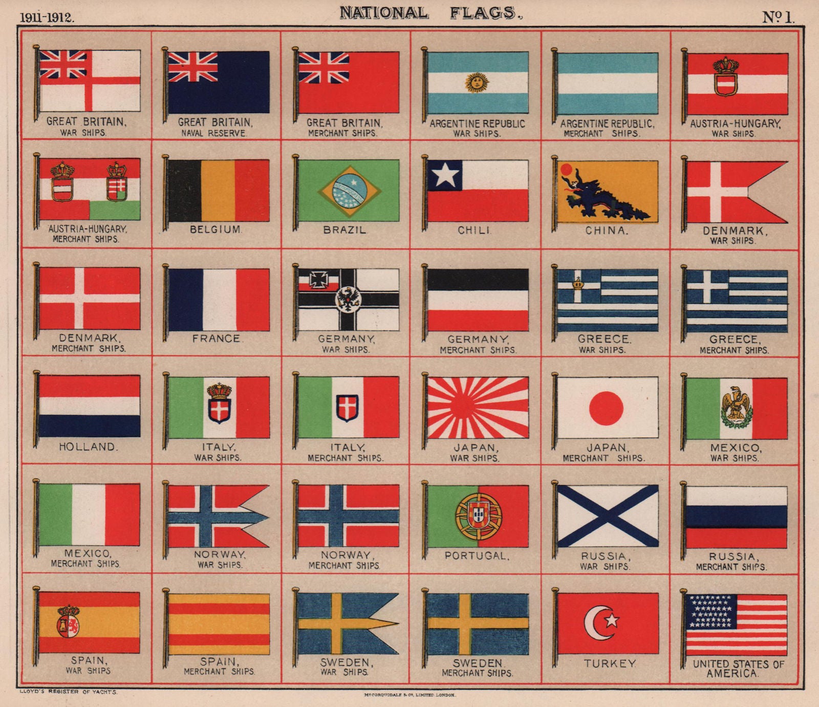 NATIONAL MARITIME FLAGS Warships Merchant Ships Europe China Japan Russia 1911